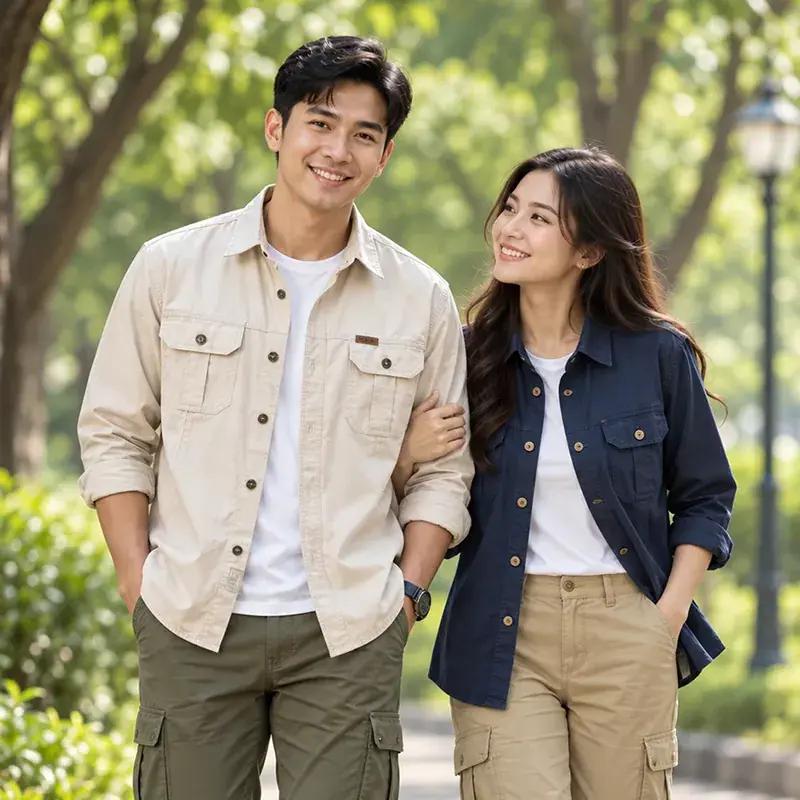 Men's washed cotton utility shirt jacket in beige and navy blue, long sleeve casual overshirt with dual chest pockets.