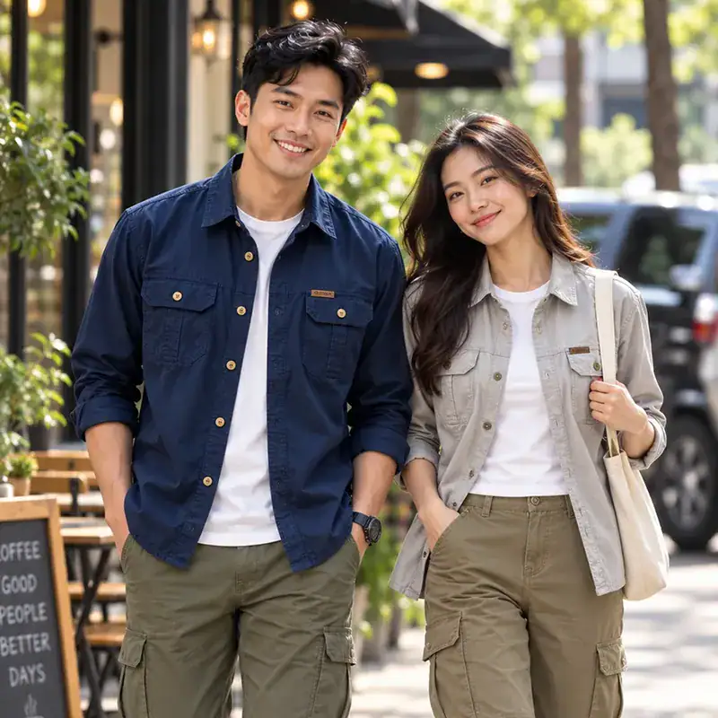 Two young adults wearing casual outdoor shirts, one in navy and the other in beige, smiling on a city street.