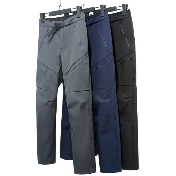 Unisex fleece-lined softshell tactical pants in gray, navy, and black with built-in belt for outdoor and daily wear.