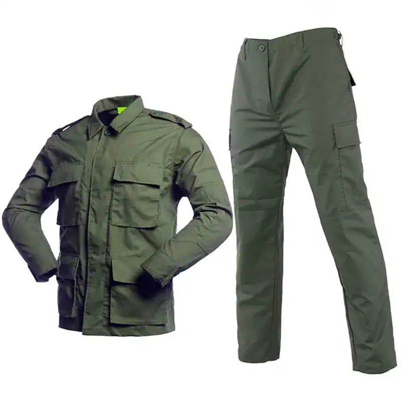 FS01 Tactical BDU combat uniform set with long sleeve field jacket and cargo pants in green color.