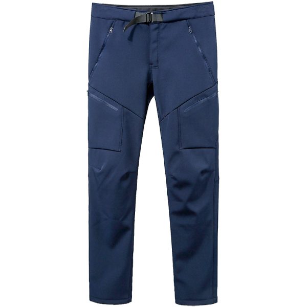 Unisex fleece-lined softshell tactical pants with built-in belt in blue for outdoor and daily wear.