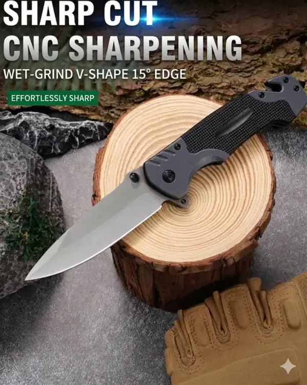 កាំបិតបត់ Tactical ខ្ពស់ - ផ្លែរលោង EDC Survival Tool មាន Glass Breaker.