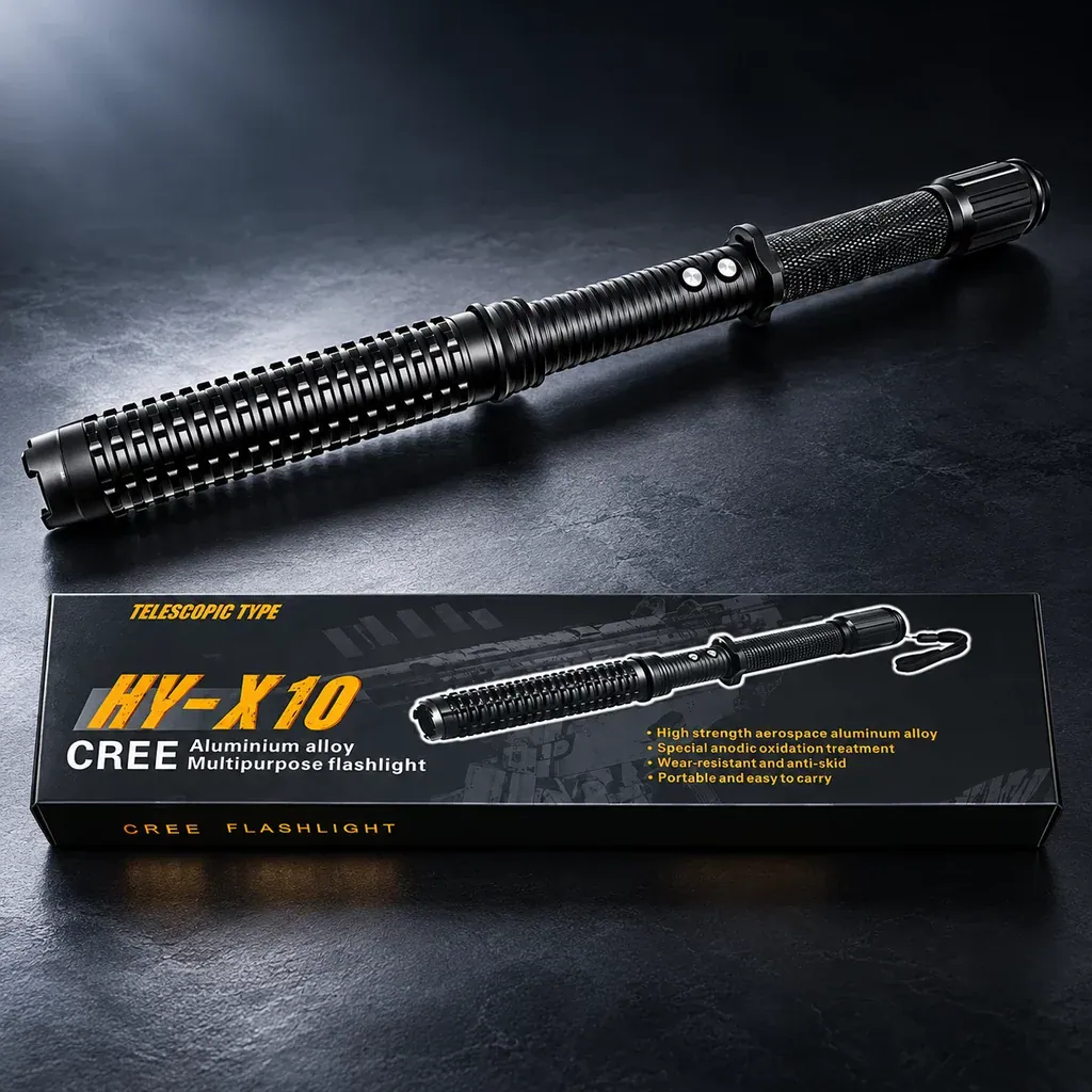 SB01 HY-X10 Telescopic Multi-Function Safety Baton with LED flashlight in black.