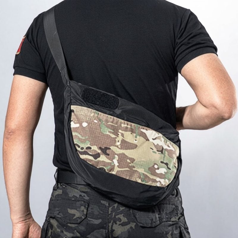 BG42 Tactical Sling Dumpling Bag in camouflage style, water-repellent outdoor crossbody bag for tactical use.
