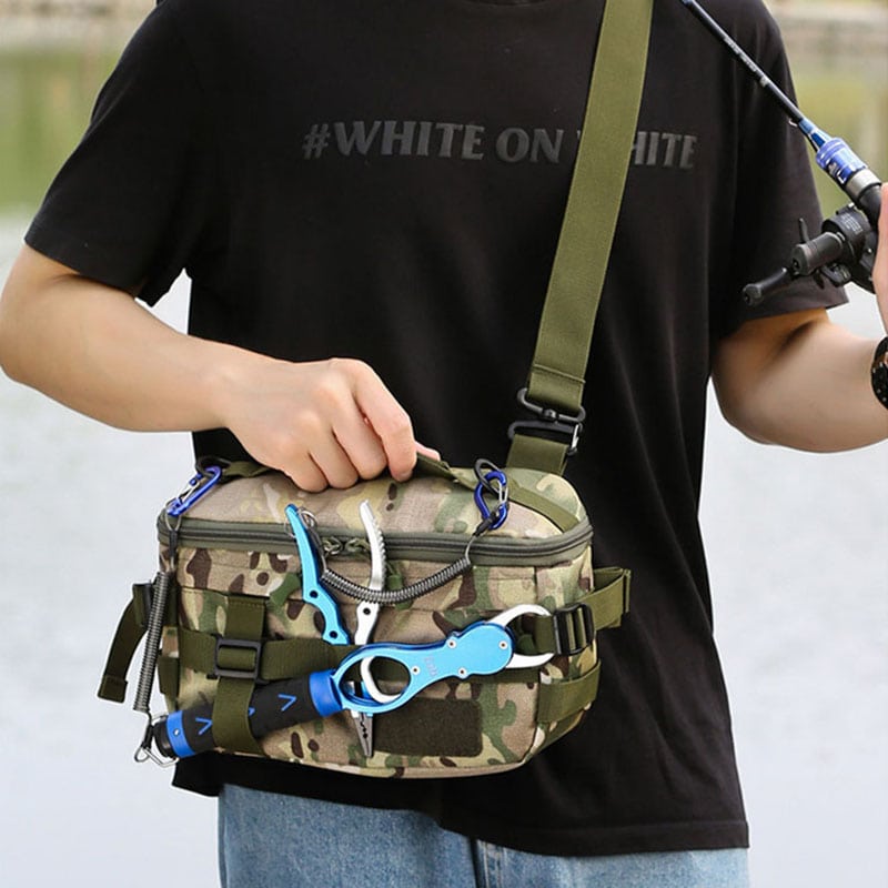 BG41 Tactical Waist Bag in camouflage with outdoor gear attached for tactical use.