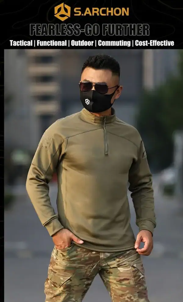 Men's camouflage tactical fleece-lined long-sleeve training top for outdoor activities.