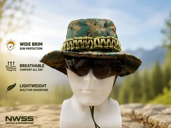 Camouflage boonie hat with wide brim, breathable fabric, and lightweight design for outdoor use.