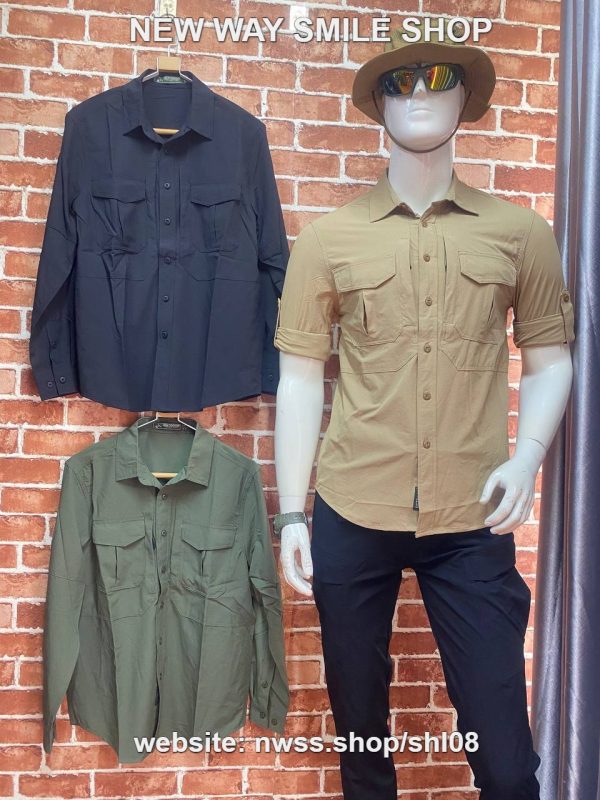 Men’s outdoor tactical shirt in khaki and navy with long sleeves and multiple pockets.