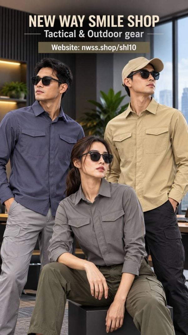 Outdoor long sleeve shirt in navy, beige, and gray for tactical and outdoor activities.