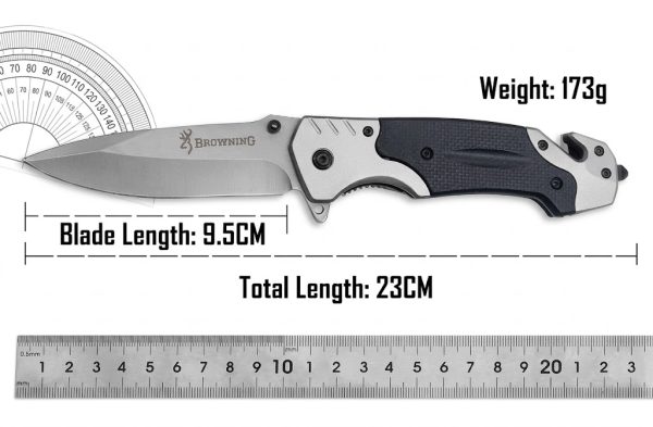 កាំបិតបត់ Tactical Browning Premium 23cm មានក្បាលបំបែកកញ្ចក់ និងស្បែកខ្មៅសម្រាប់ការប្រើប្រាស់ប្រចាំថ្ងៃ។.