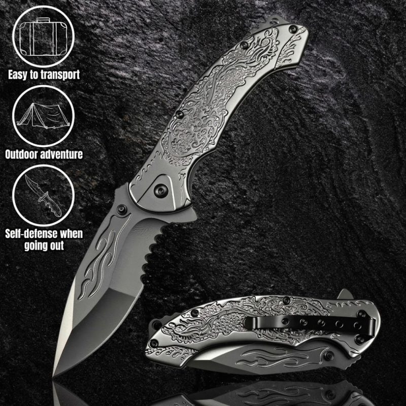 K54 Premium Handmade Embossed Folding Knife with tactical steel handle and engraved design.