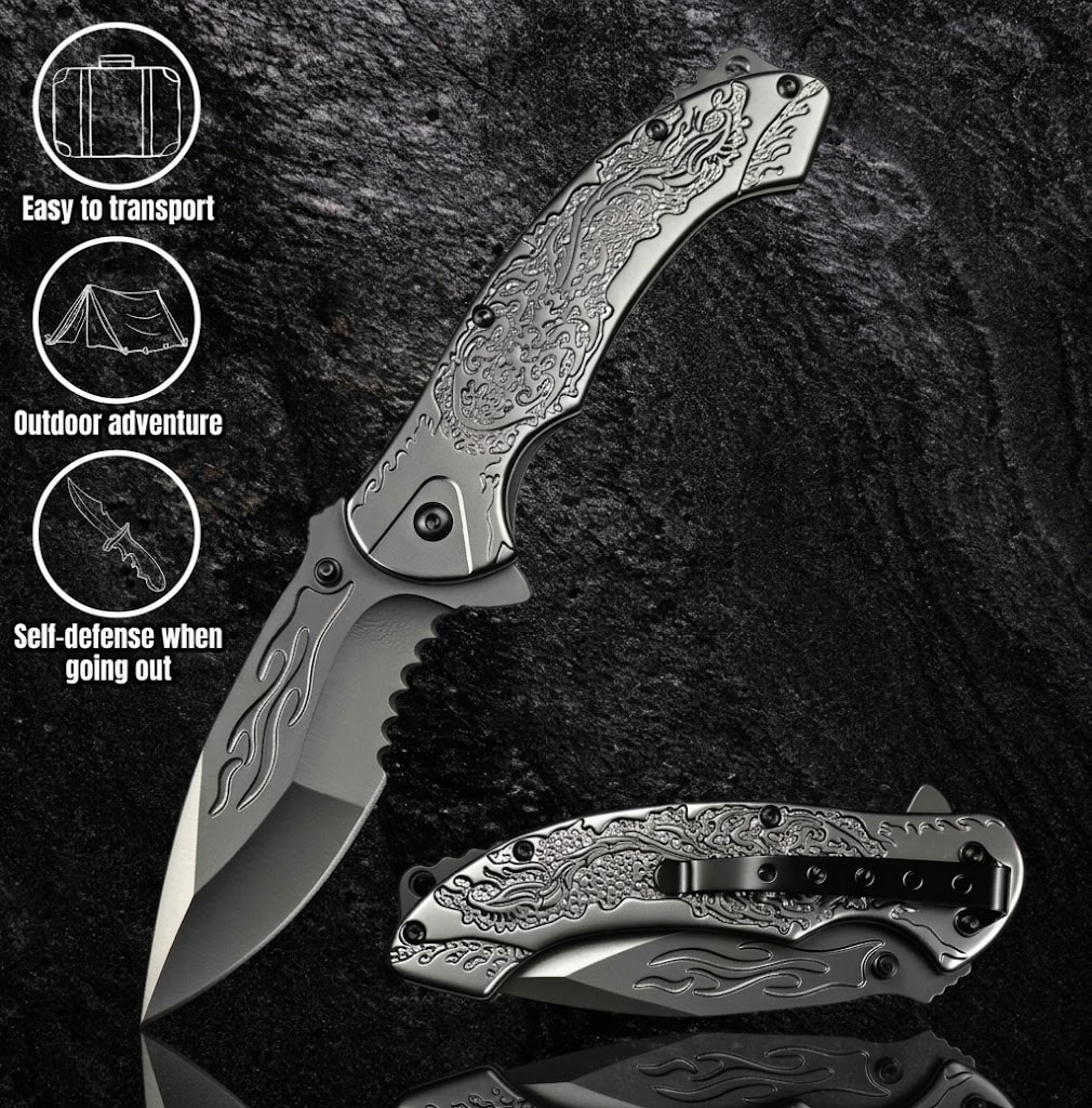 K54 Premium Handmade Embossed Folding Knife with tactical steel handle and engraved design.