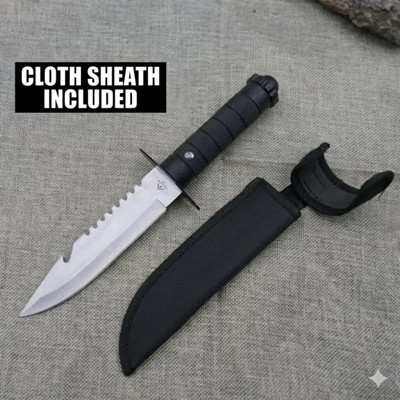 K91 Premium Outdoor Survival Straight Knife with black handle and sheath for camping and adventure.