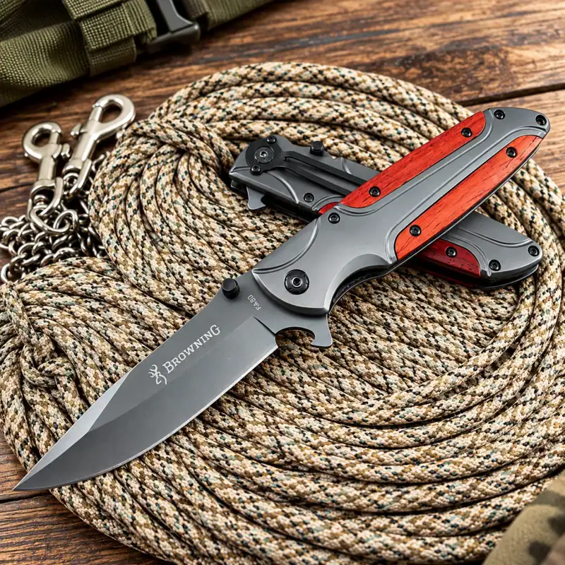 K21 Browning FA50 tactical folding knife with red handle and steel blade, suitable for outdoor and tactical use.