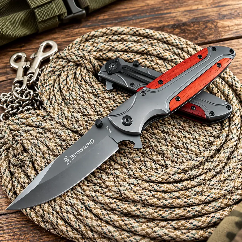 K21 Browning FA50 tactical folding knife with red handle and steel blade, suitable for outdoor and tactical use.