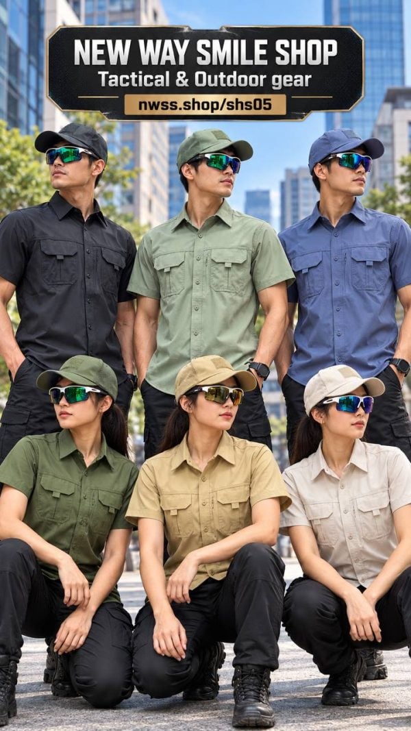 Men and women wearing summer outdoor casual multi-pocket workwear shirts in black, green, and beige.