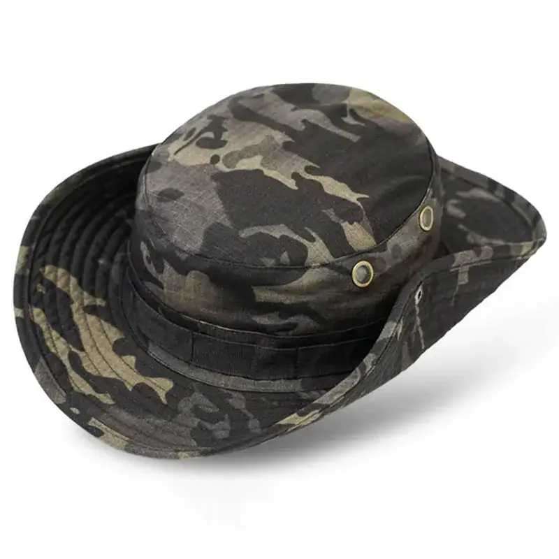 H01 Tactical Camouflage Boonie Hat with Chin Strap in camouflage pattern.