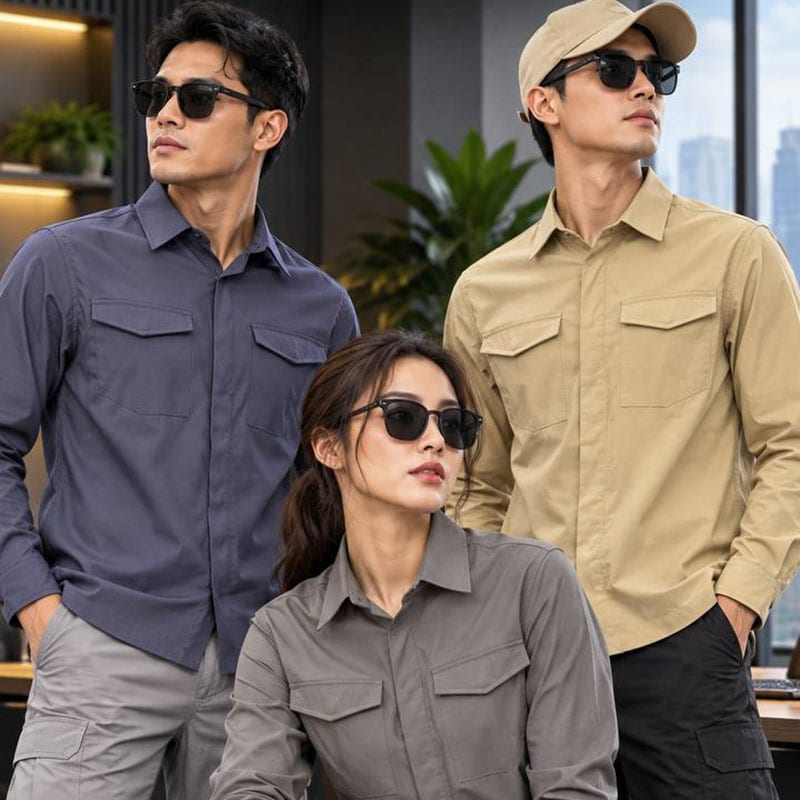 Three models wearing tactical outdoor long sleeve shirts in navy, beige, and gray styles.