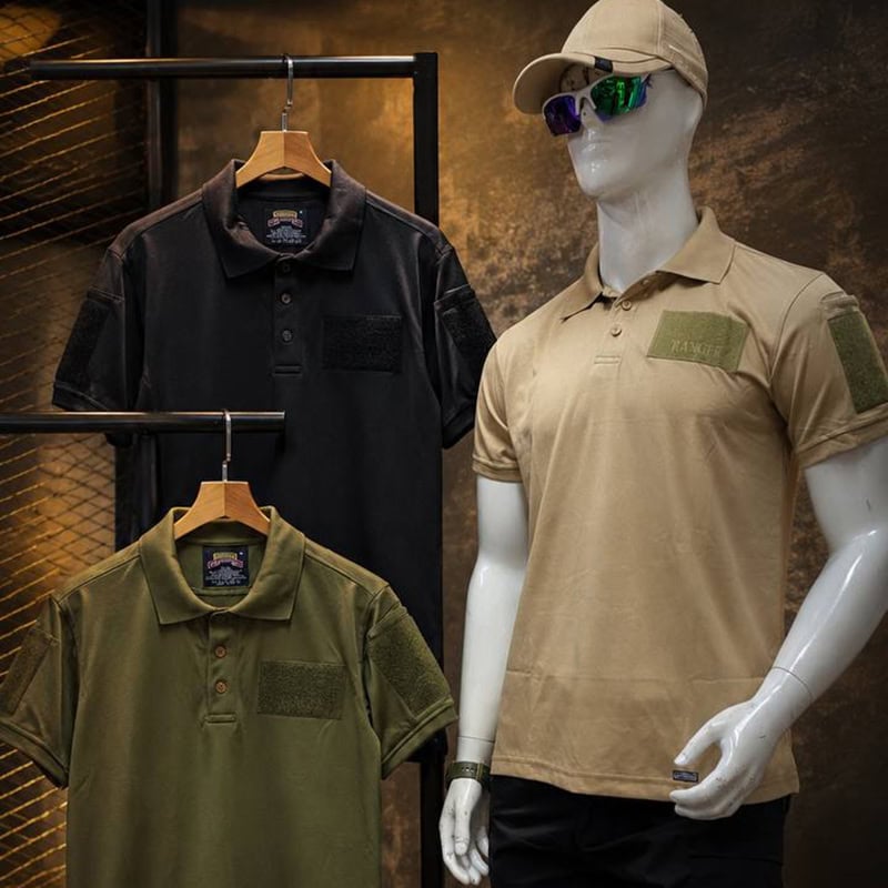 TSS16 Tactical Polo Shirt in beige with chest and dual-sleeve loop panels, short-sleeve, tactical style.