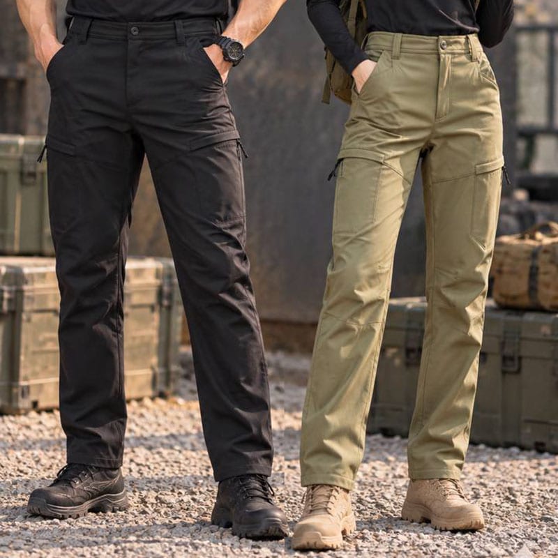 Tactical cargo pants with zippered thigh pockets in black and khaki styles for outdoor activities.