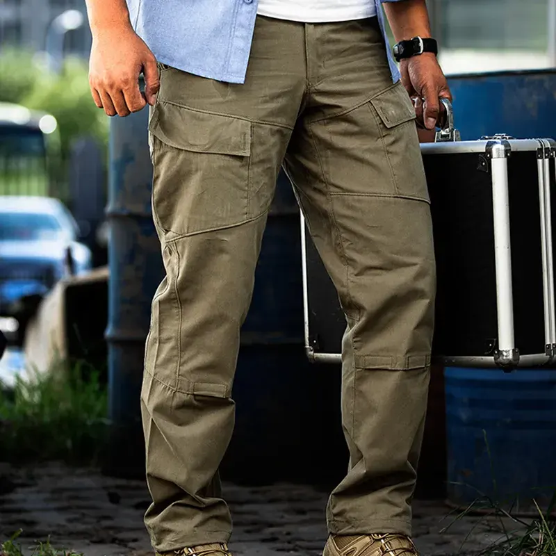 Men's tactical cargo pants in khaki with multiple pockets, water-resistant outdoor style.