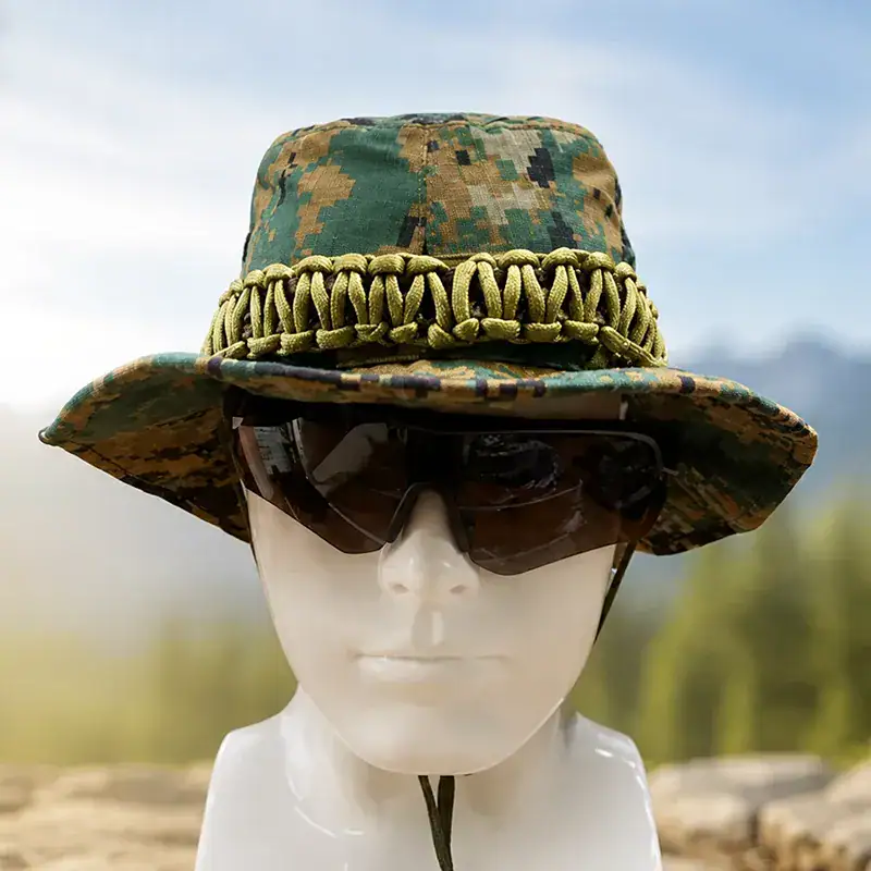 H10 Paracord Braided Brim Camouflage Boonie Hat with tactical style and camouflage pattern.