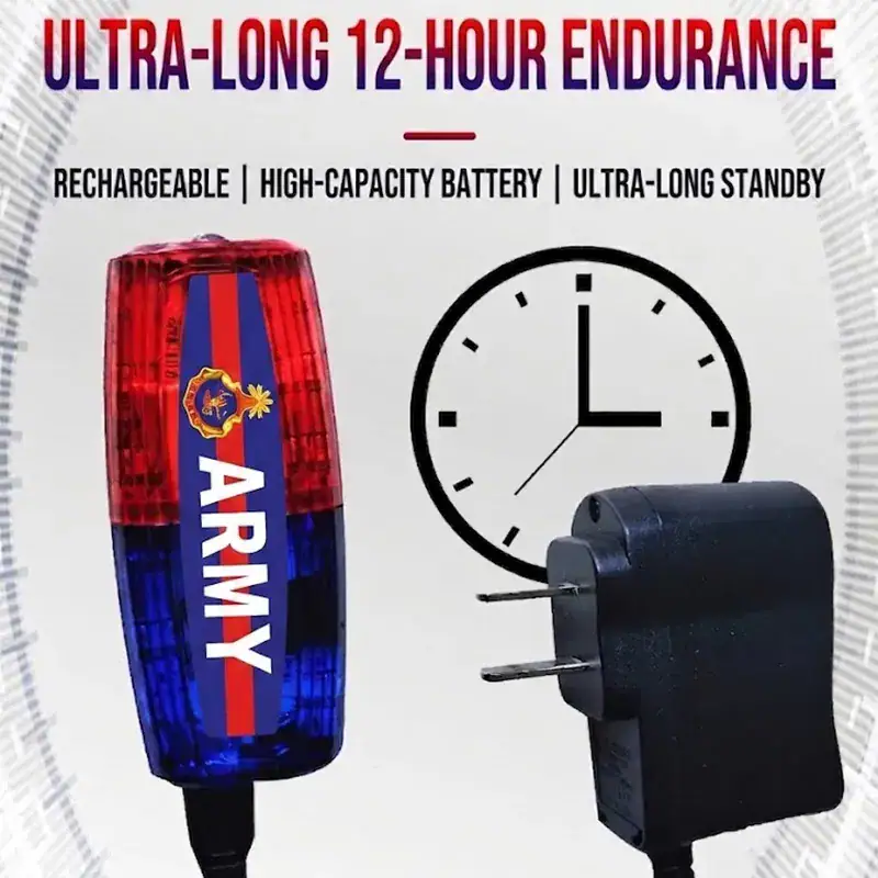 Rechargeable red and blue LED shoulder safety light with ARMY sticker for tactical outdoor use.