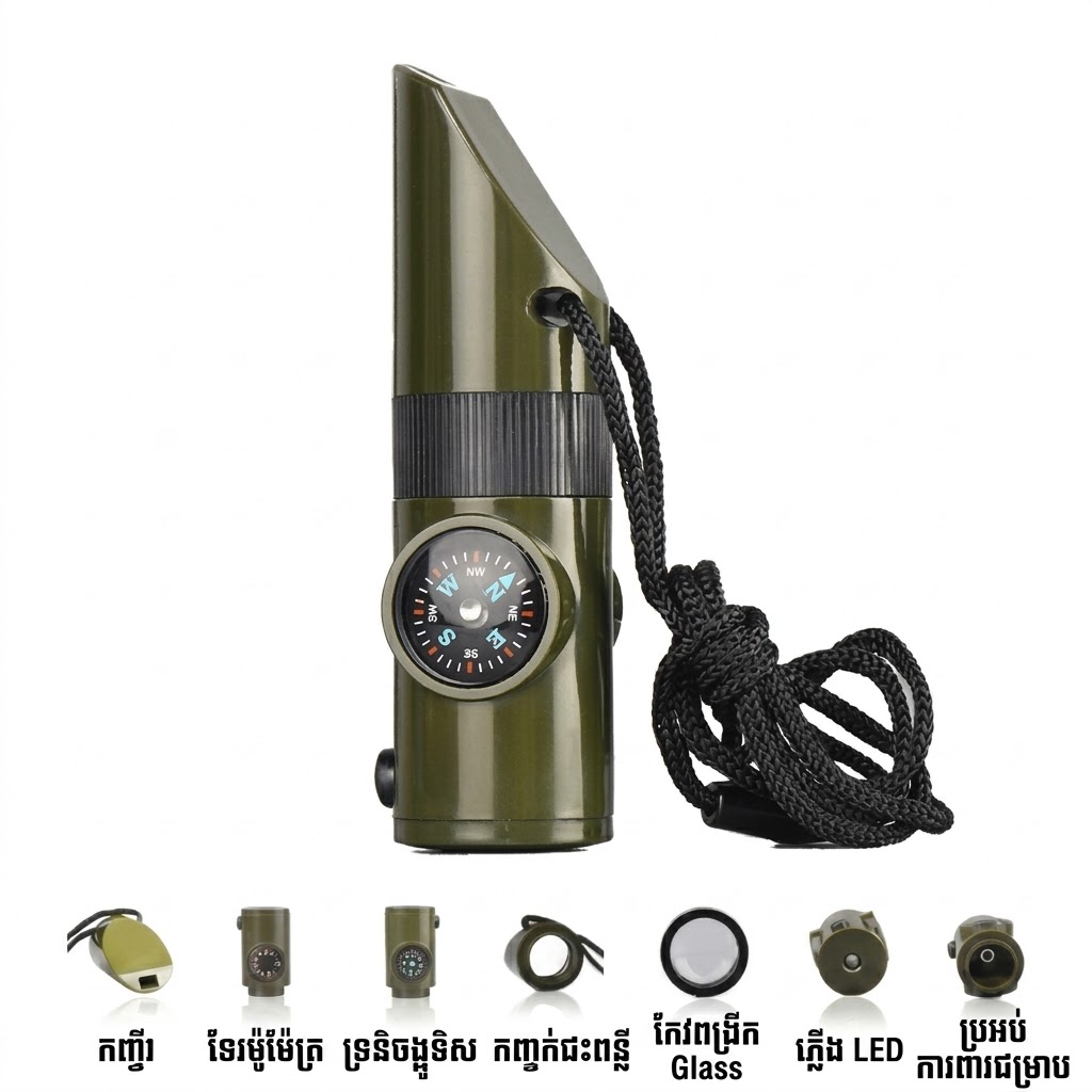 CG06 ឧបករណ៍ផ្លុំសញ្ញាសង្គ្រោះខាងក្រៅ ៧ ក្នុង ១ មានត្រីវិស័យ ភ្លើង LED និងខ្សែពាក់