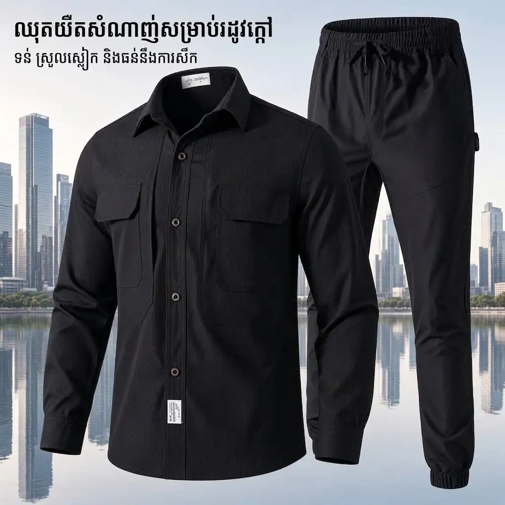 ឈុតសម្លៀកបំពាក់ការងារតាក់ទីក FS02 ស្ងួតលឿន មានអាវដៃវែង និងខោហោប៉ៅច្រើន