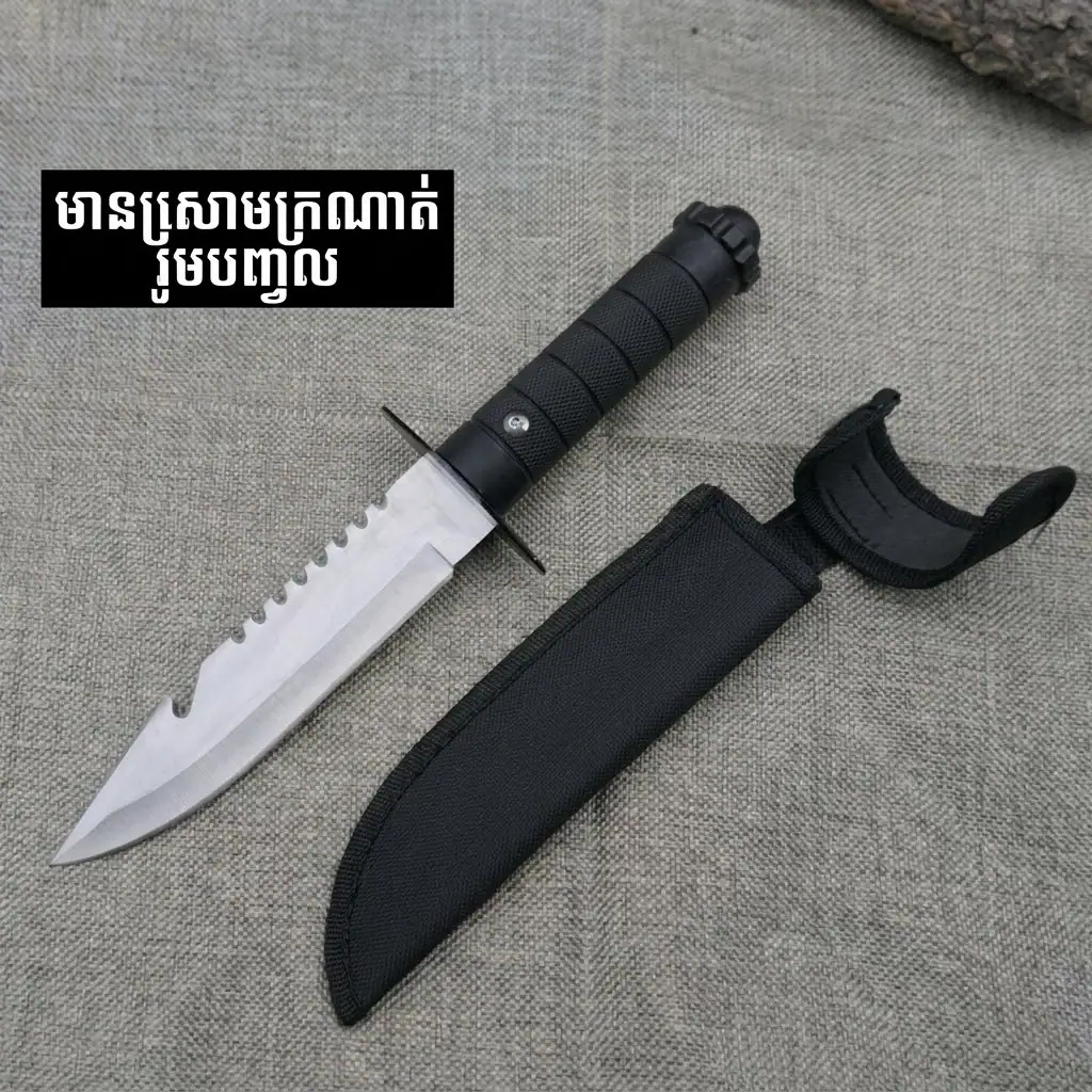 K91 Premium Outdoor Survival Straight Knife with black handle and sheath for camping and adventure.