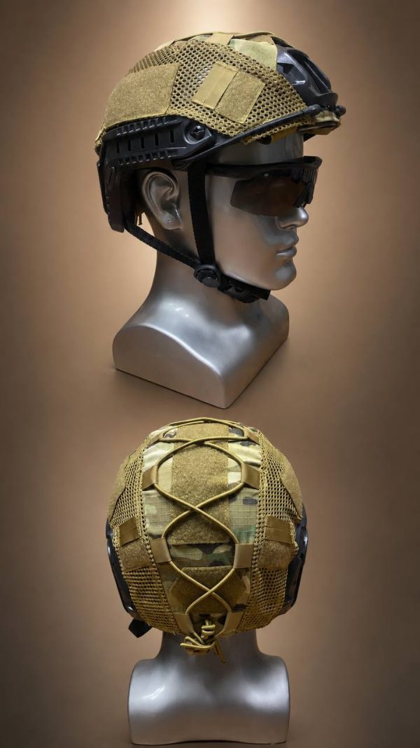 Tactical mesh helmet cover in tan for outdoor and training helmets, designed for military and tactical use.