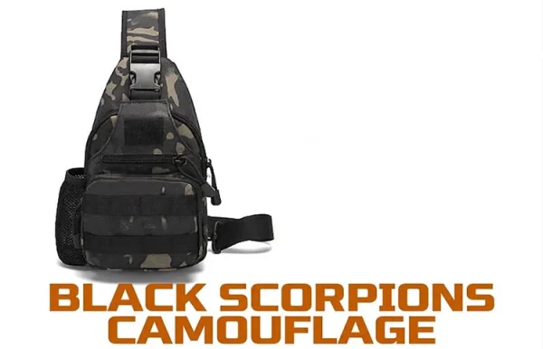 កាបូបឆ្លងទ្រូងតាក់ទីក Camouflage ពណ៌ខ្មៅ មានហោប៉ៅដាក់ដបទឹក និងខ្សែឆ្លងកាយអាចលៃតម្រូវបាន។.