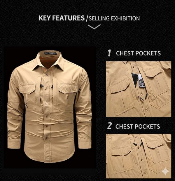 Men’s tactical quick-dry shirt in beige, green, gray, and black with multiple pockets and long sleeves.