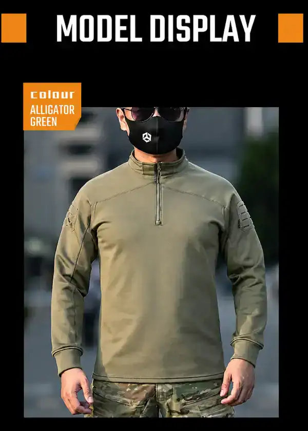 Men's camouflage tactical fleece-lined long-sleeve training top for outdoor activities.