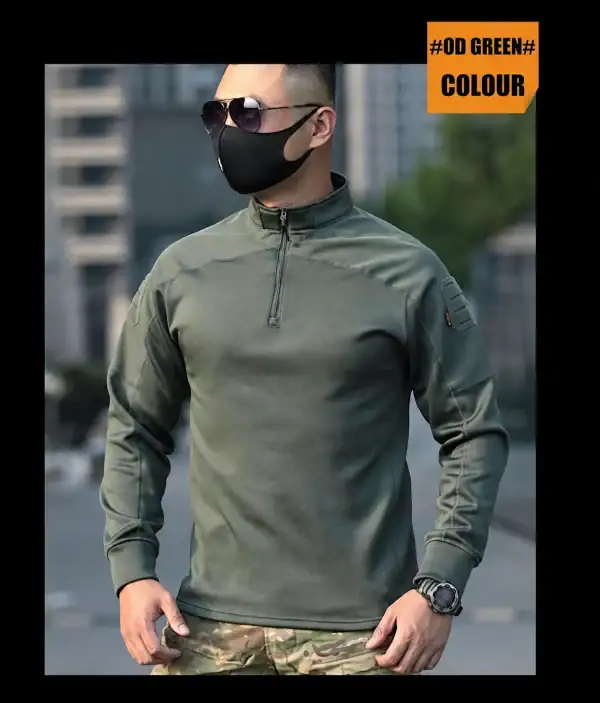 Men's camouflage tactical fleece-lined long-sleeve training top in OD green for outdoor activities.