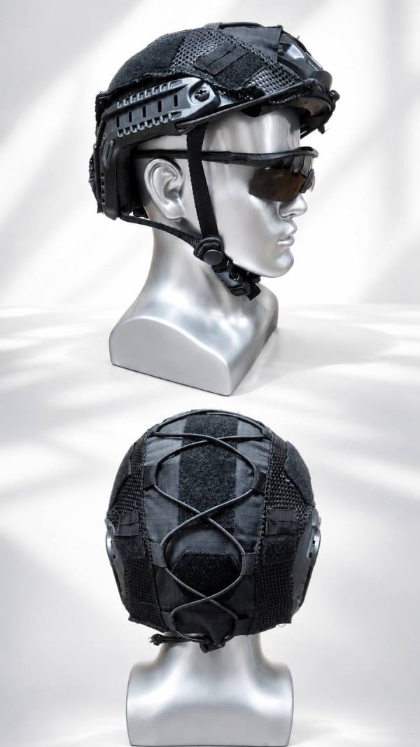Tactical mesh helmet cover for outdoor and training helmets, black color, lightweight and breathable design.