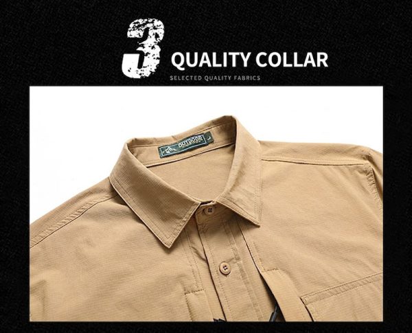 Men’s outdoor quick-dry tactical shirt in beige with multi-pocket design for outdoor activities.
