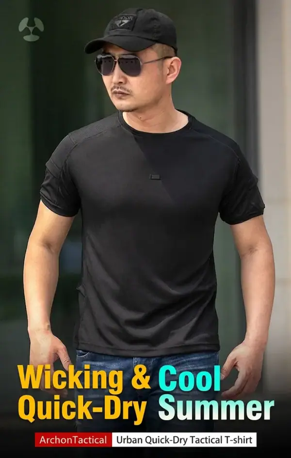 Men's black tactical quick-drying short-sleeved T-shirt with round neck and elastic fabric.