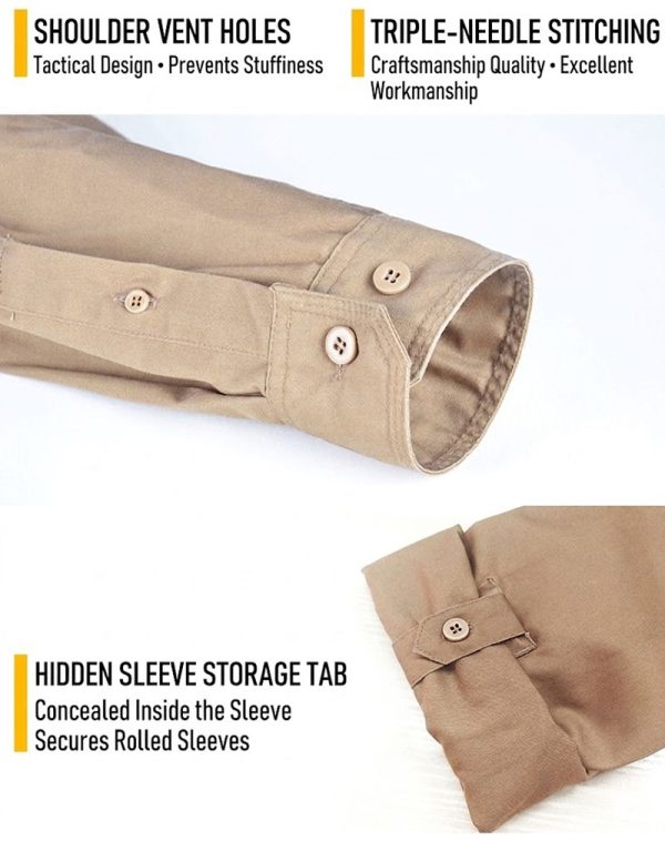 SHL26 Men's Long Sleeve Tactical Shirt in khaki with shoulder vent holes and concealed sleeve storage tab.