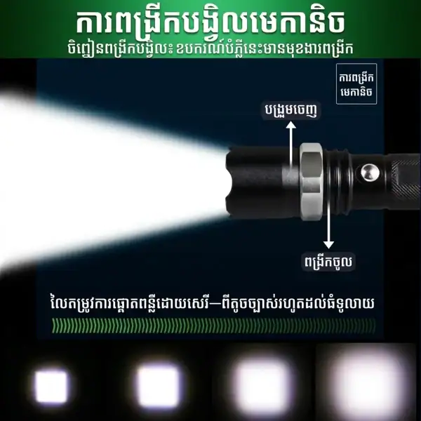ពិល LED សាកថ្មបានប្រភេទបង្វិល Zoom មានពន្លឺចម្ងាយ និងរបៀបបំភឺ 3 ប្រភេទ.