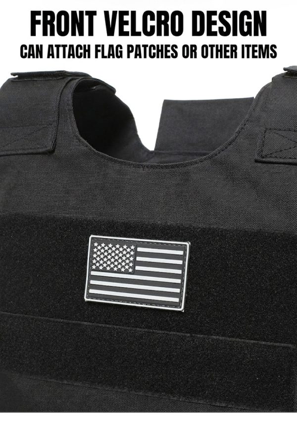 Tactical training vest with American flag patch, quick release design, suitable for outdoor field use.