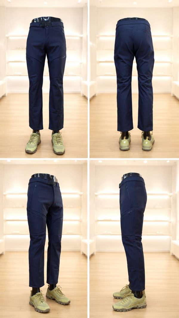 Unisex fleece-lined softshell tactical pants with built-in belt in navy for outdoor and daily wear.