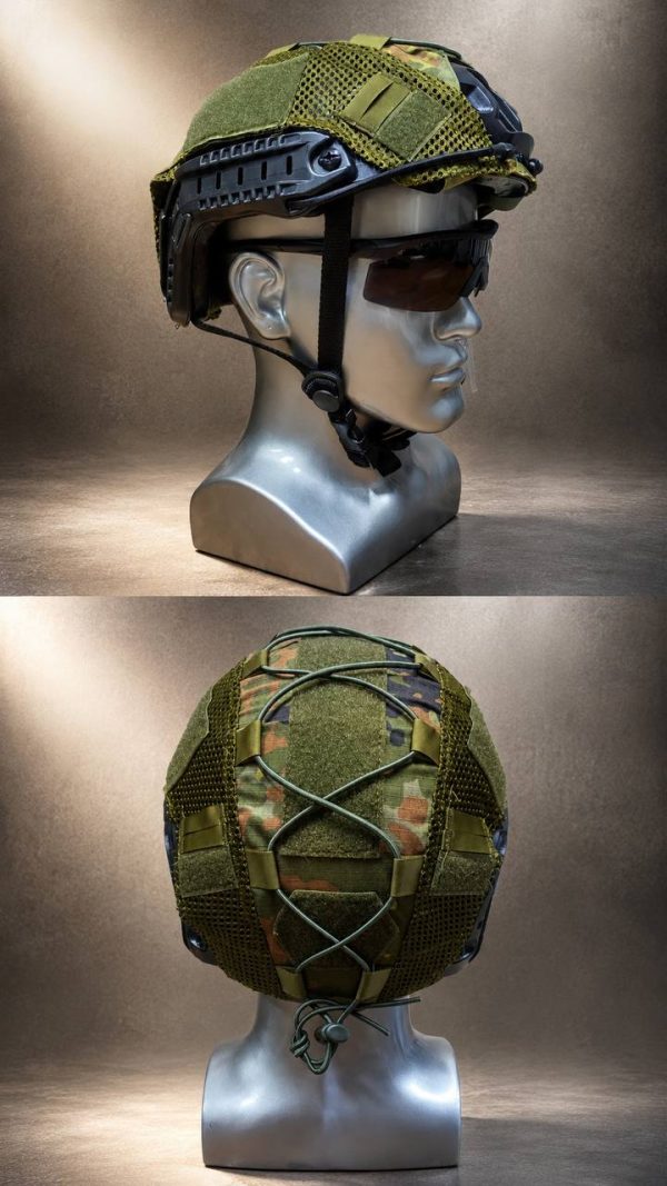 Tactical mesh helmet cover in camouflage for outdoor and training helmets, designed for military and tactical use.