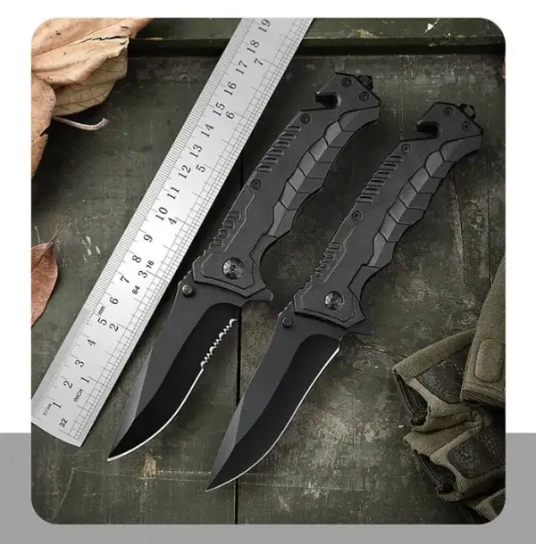K24 3Cr13Mov tactical folding knife with black handle and blade, lightweight 110g, outdoor survival tool.