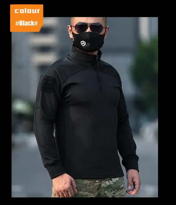 Men's camouflage tactical fleece-lined long-sleeve training top for outdoor activities.