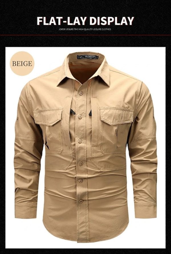 Men’s tactical quick-dry shirt in beige, green, gray, and black with multiple pockets and long sleeves.