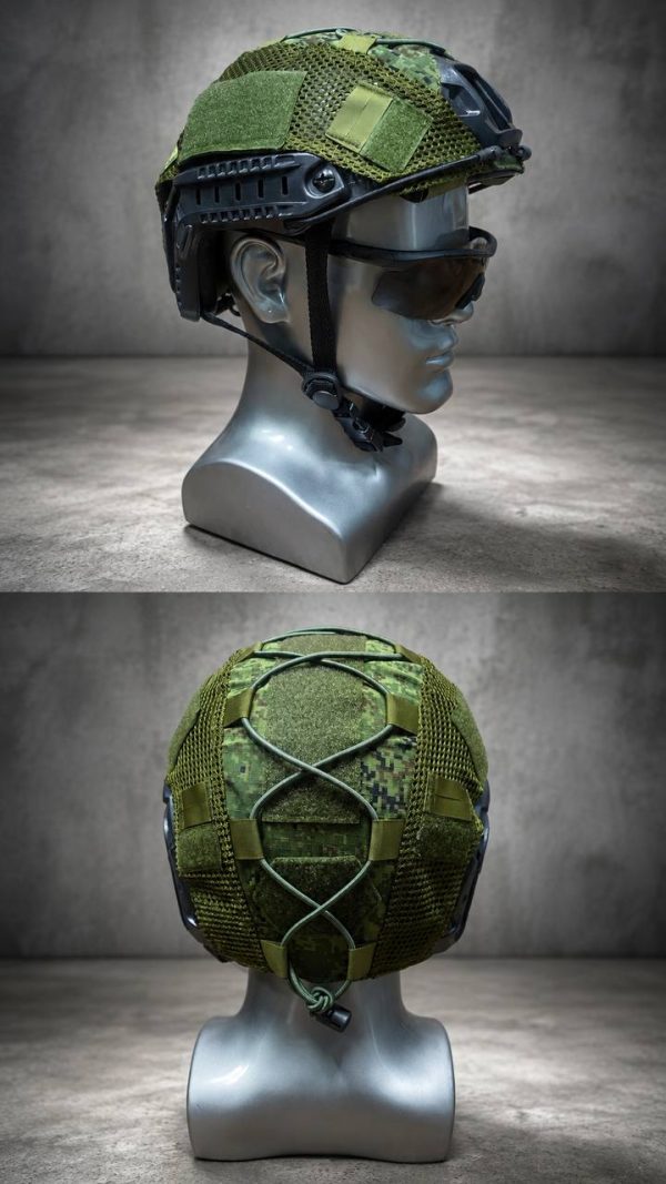 Tactical mesh helmet cover in green for outdoor and training helmets, designed for military and tactical use.