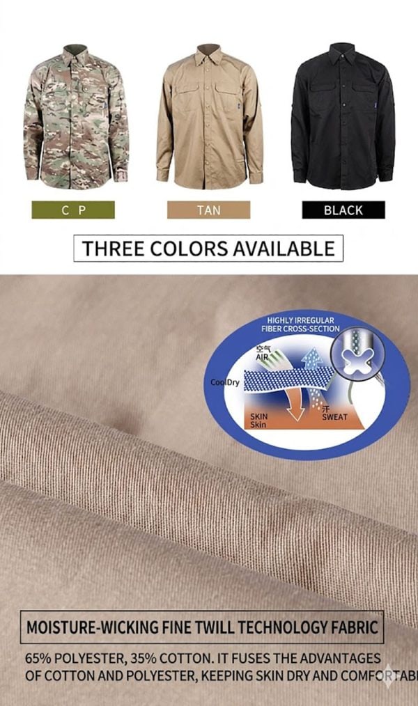 Men's tactical long sleeve shirt in tan, black, and camouflage styles for outdoor and casual wear.