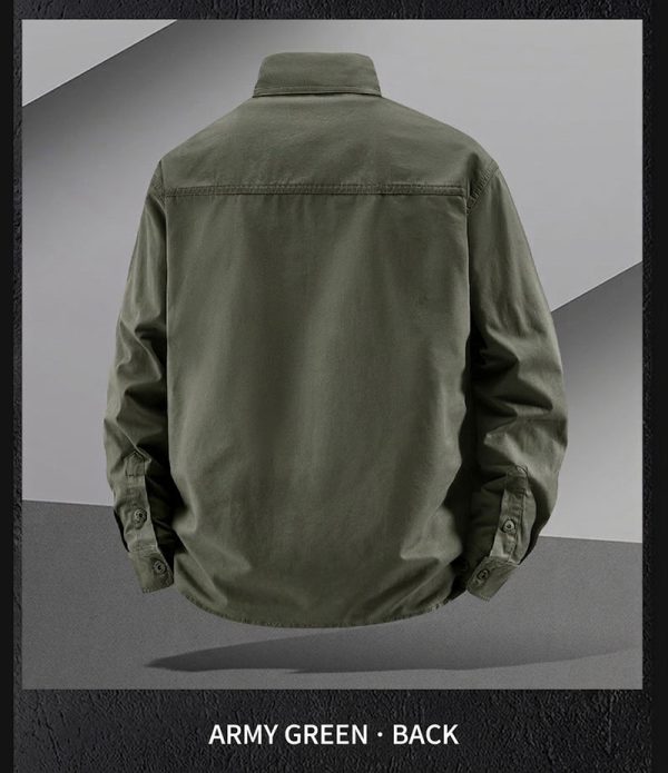 អាវជាក់អាវដៃវែងកប្បាសលាង Army Green មានហោប៉ៅទ្រូងពីរ សម្រាប់ការងារ និងកម្សាន្ត.