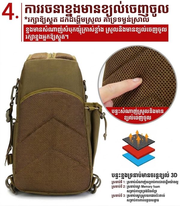 កាបូបស្ពាយចំហៀងសម្រាប់នេសាទបែប Tactical មានកន្លែងដាក់ដងសន្ទូច និងកន្លែងផ្ទុកច្រើន.